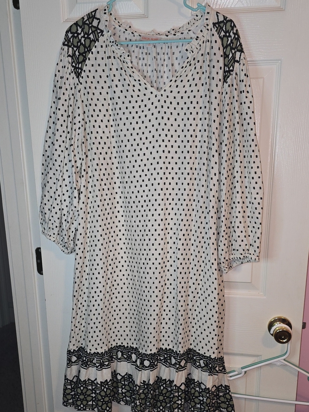Knox Rose‎ White Long-Sleeve Polka Dot Dress with Black Trim
